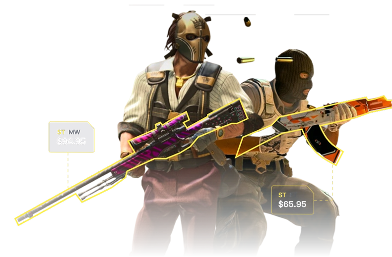 twee gemaskerde personages met aangepaste wapenskins en prijslabels uit een videogame